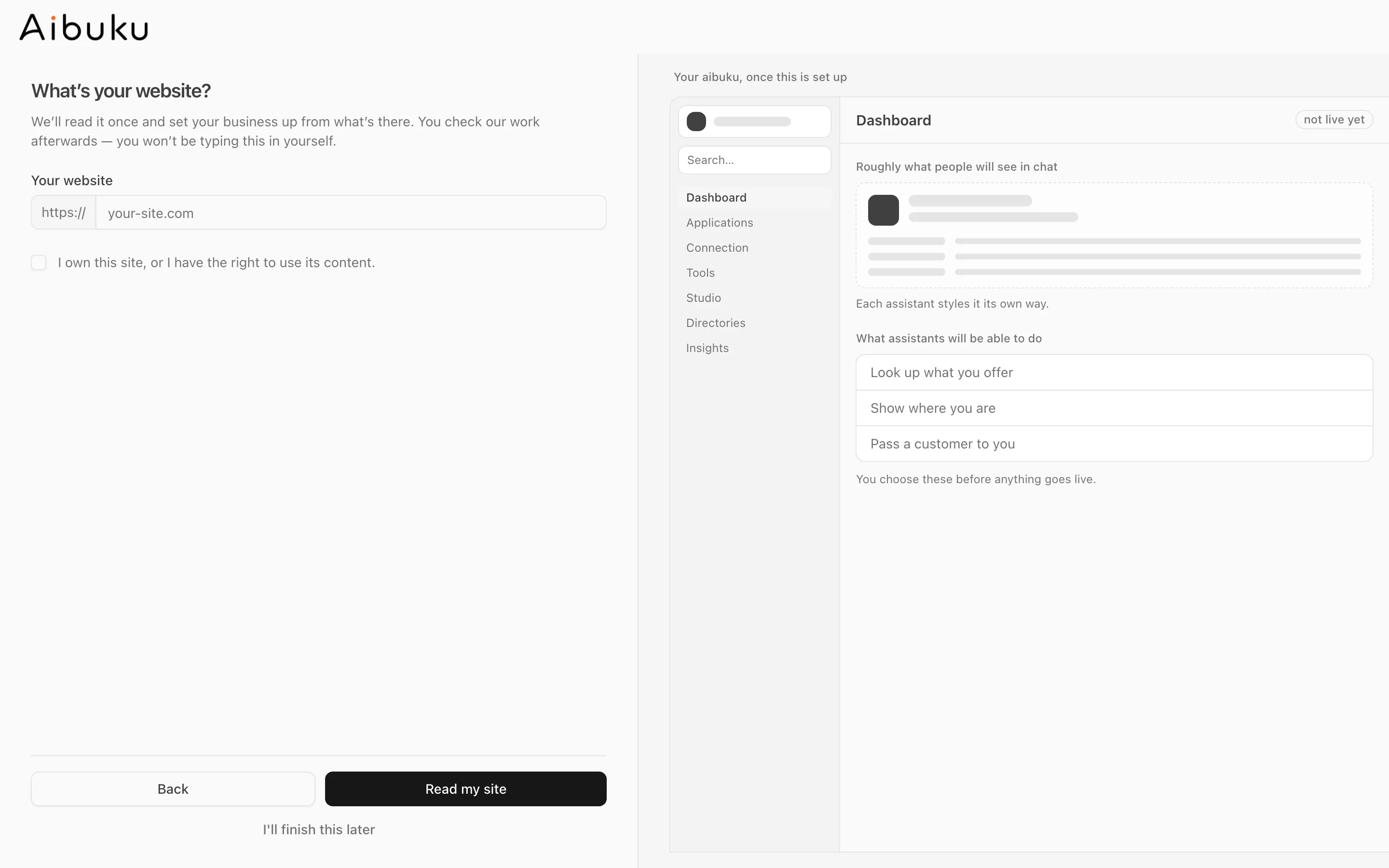 The website step: a field for your website, a box to confirm you own it, and the Read my site button.
