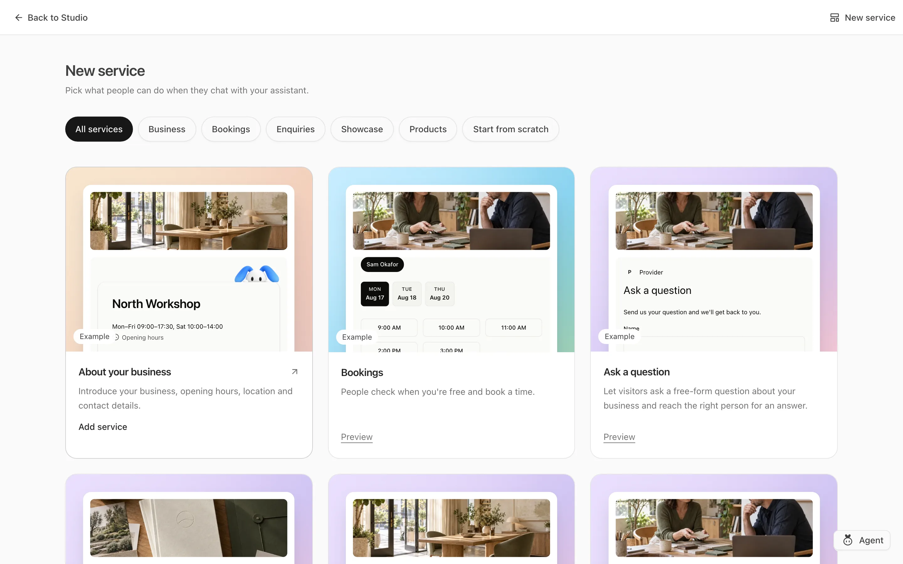 The New service page: categories along the top and a card for each kind of service, such as About your business, Bookings and Ask a question.