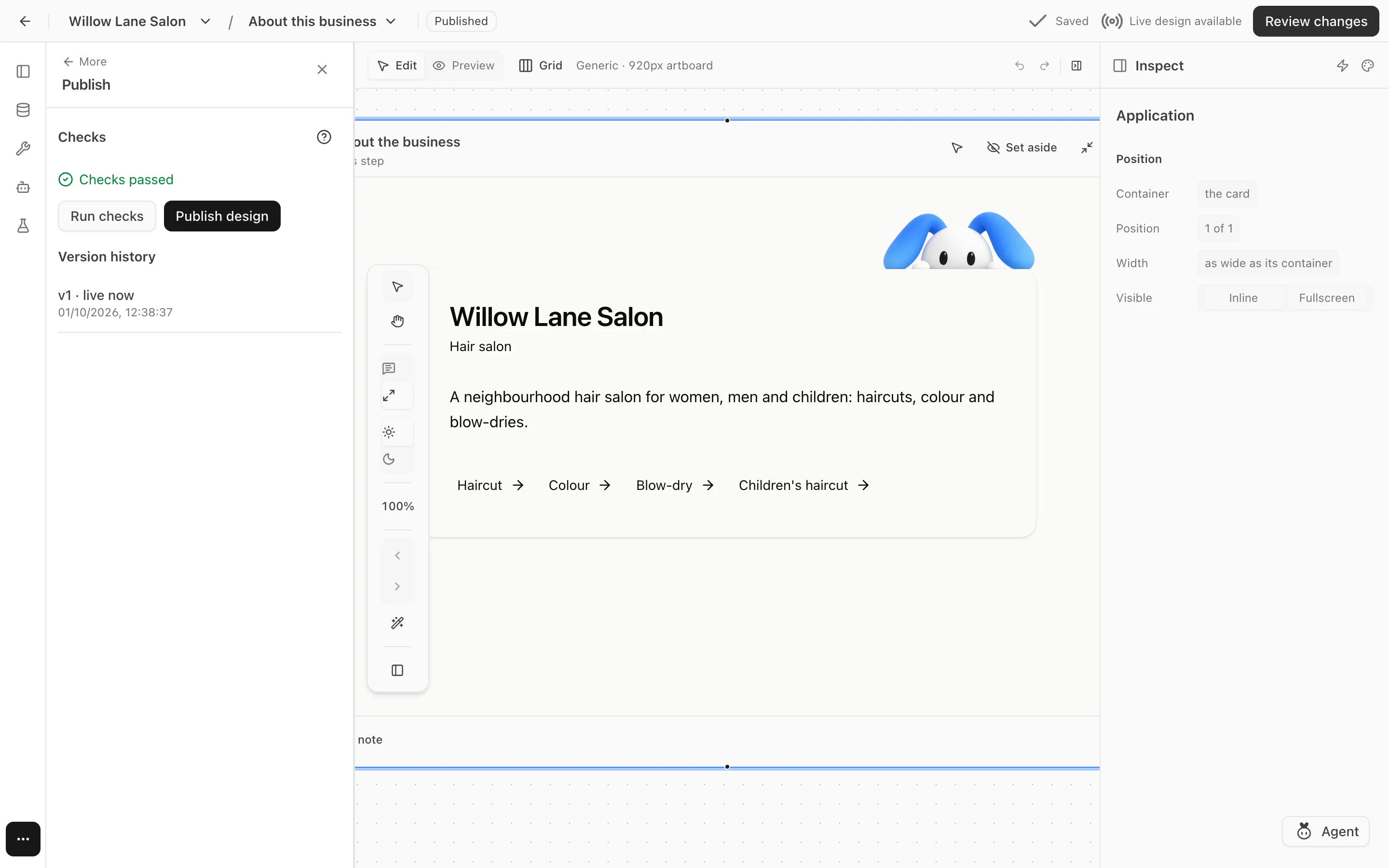 The Publish panel: Checks passed, Run checks, Publish design, and the version history.