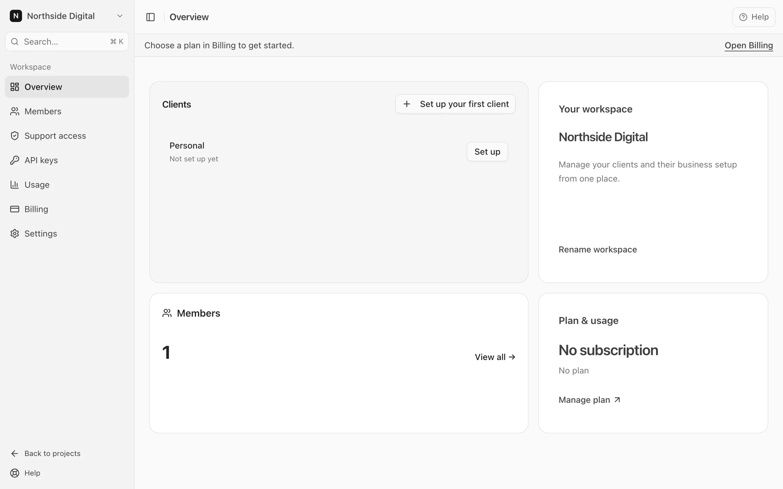 The agency overview: the Clients list with a Set up your first client button, Your workspace, Members, and Plan & usage.