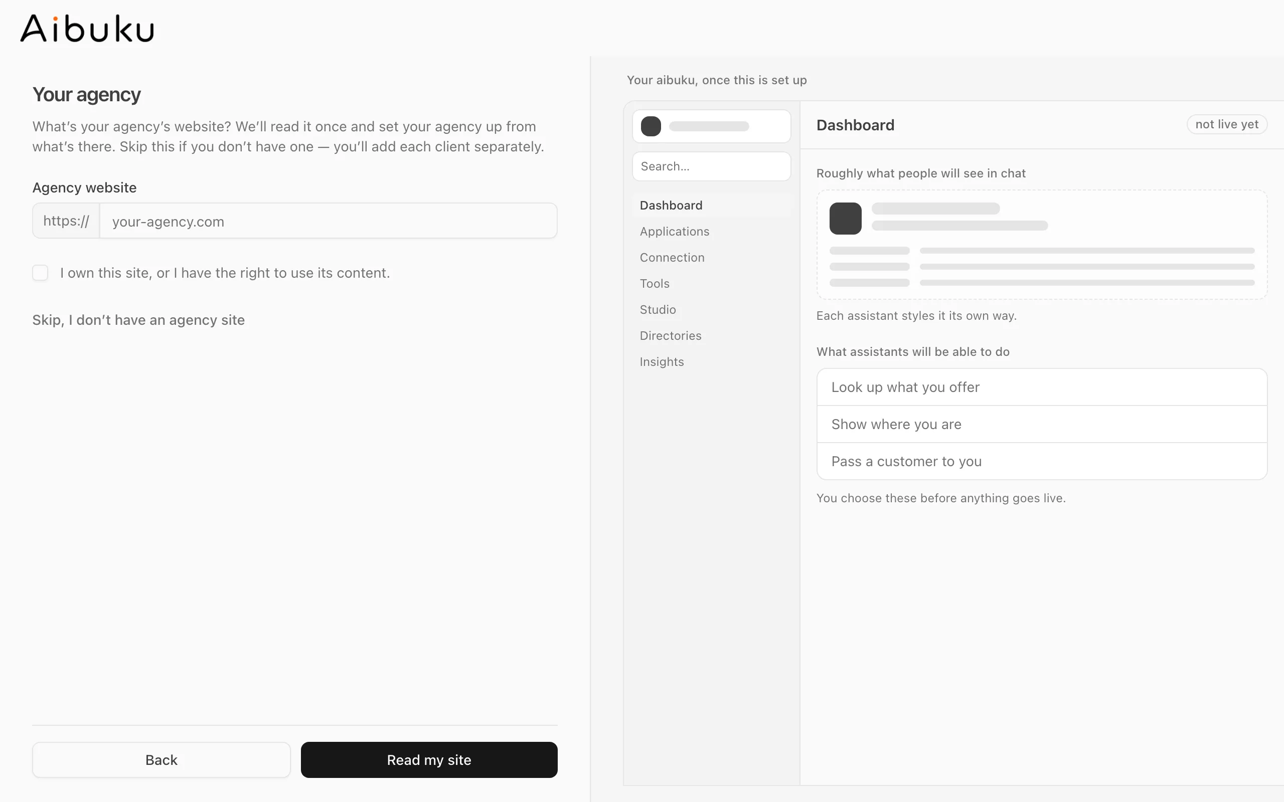 The Your agency step: a field for the agency website and a link to skip it.