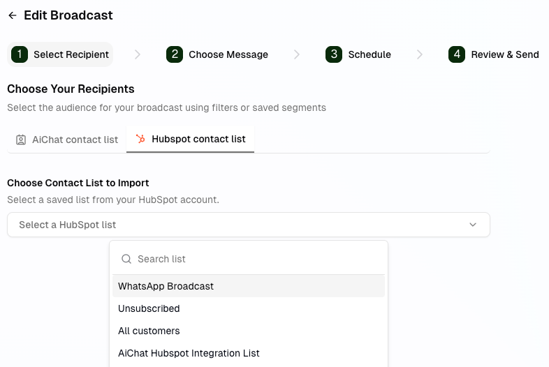 Hubspot Integration Broadcast With List