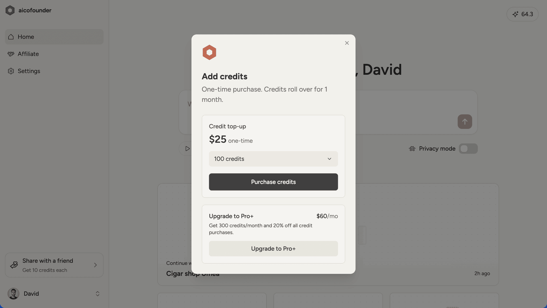 Add credits modal showing package options and prices