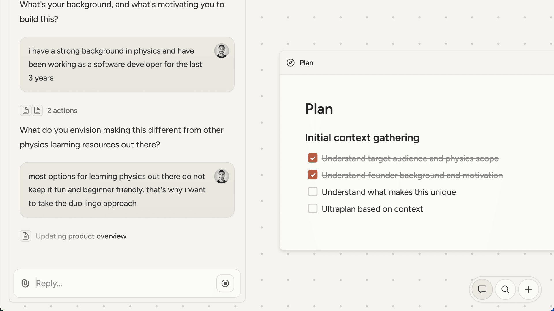 Chat conversation with AI cofounder leading and asking questions