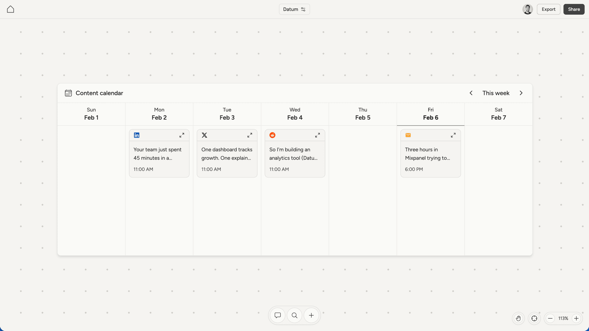 Weekly calendar view with posts scheduled across different platforms