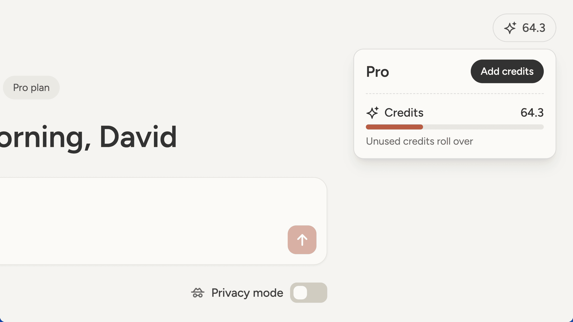 Credit balance hover showing plan details and reset date