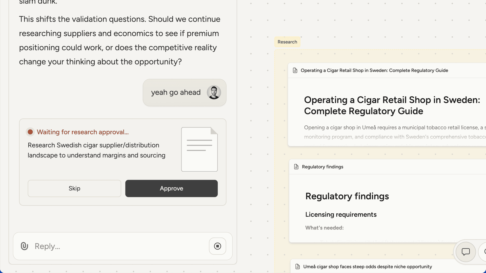 Deep research approval card