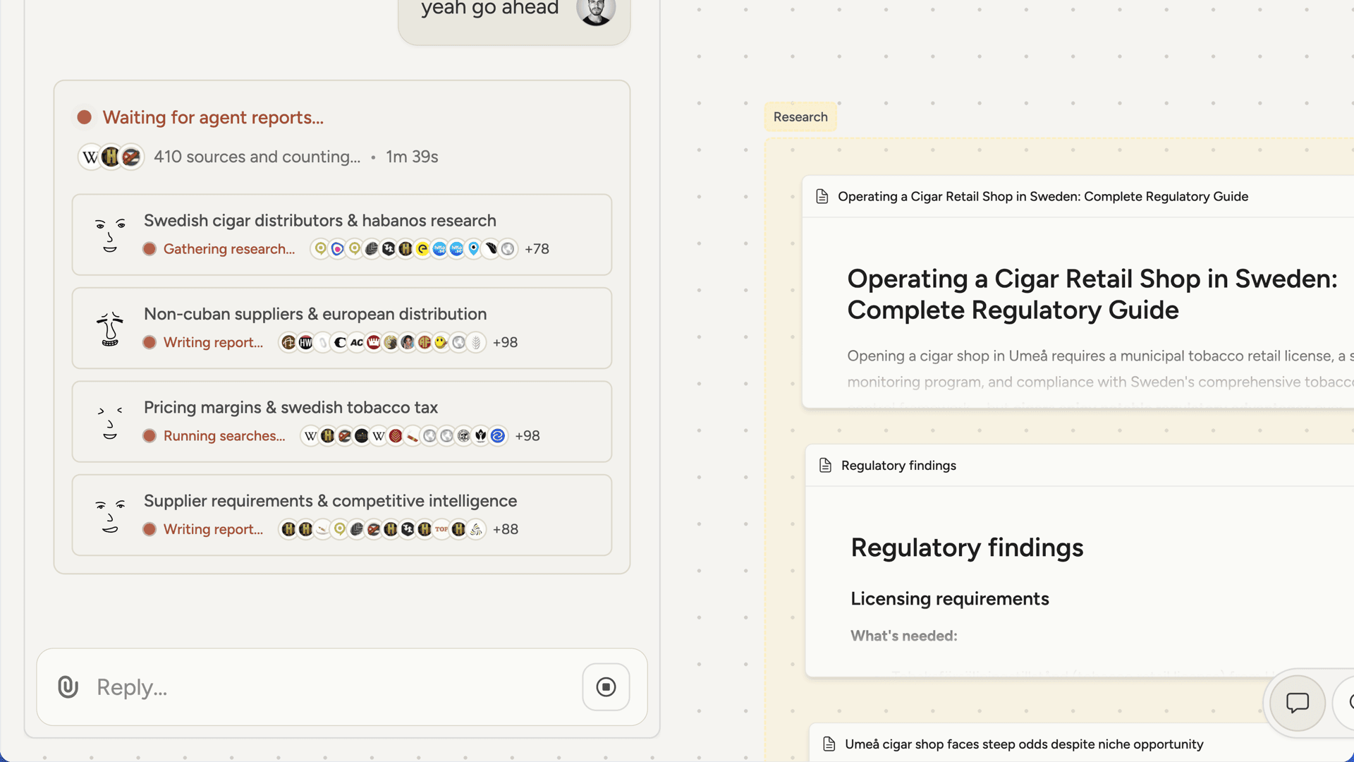 Deep research agents working in parallel with live sources