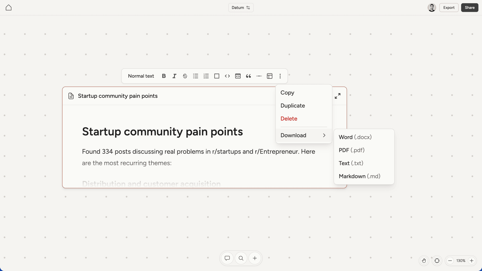 Document menu showing download format options