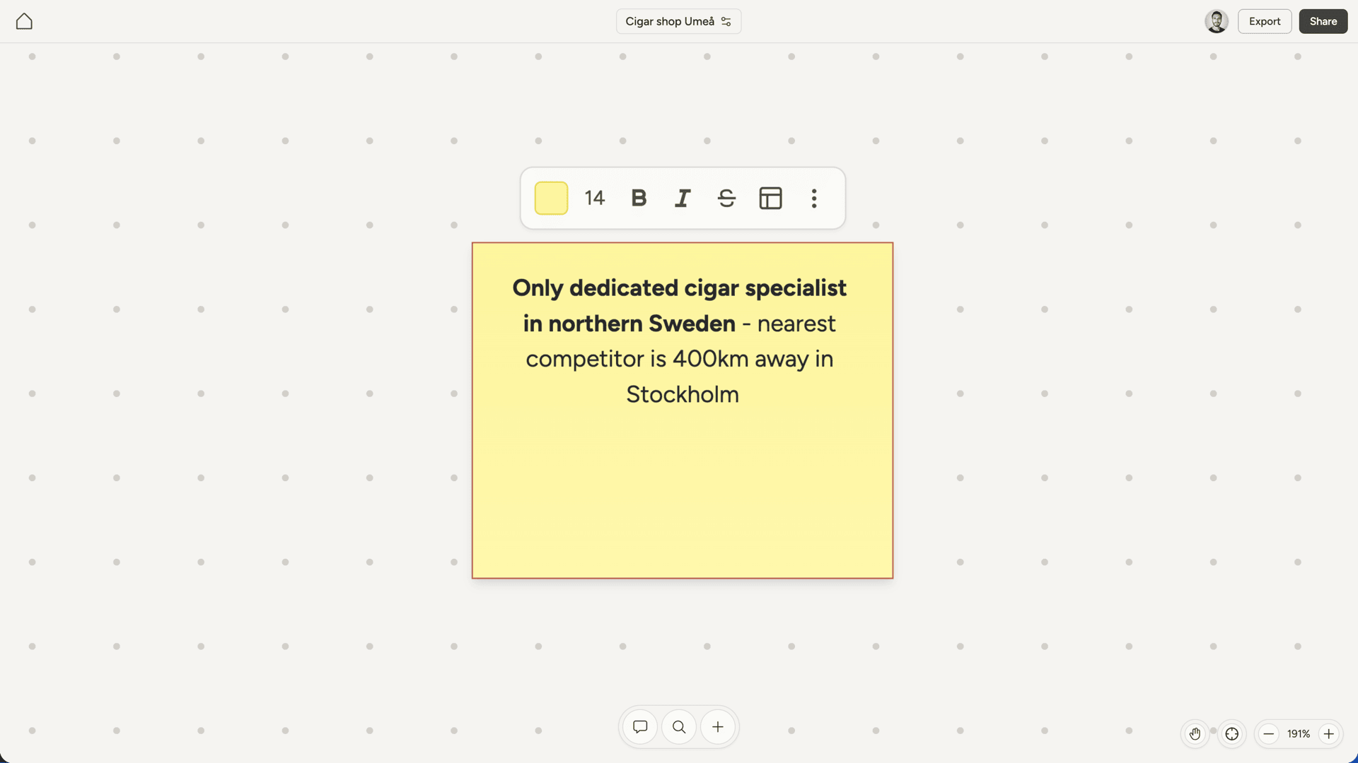 Note selected with toolbar showing color picker and text size