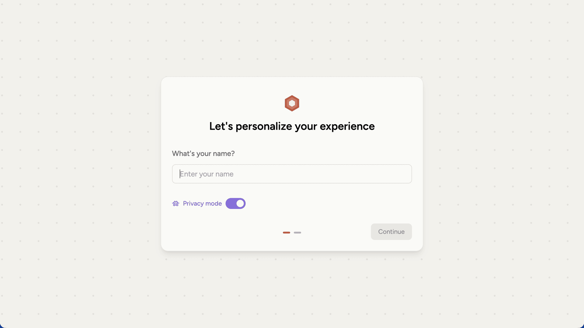 Onboarding screen with privacy mode toggle