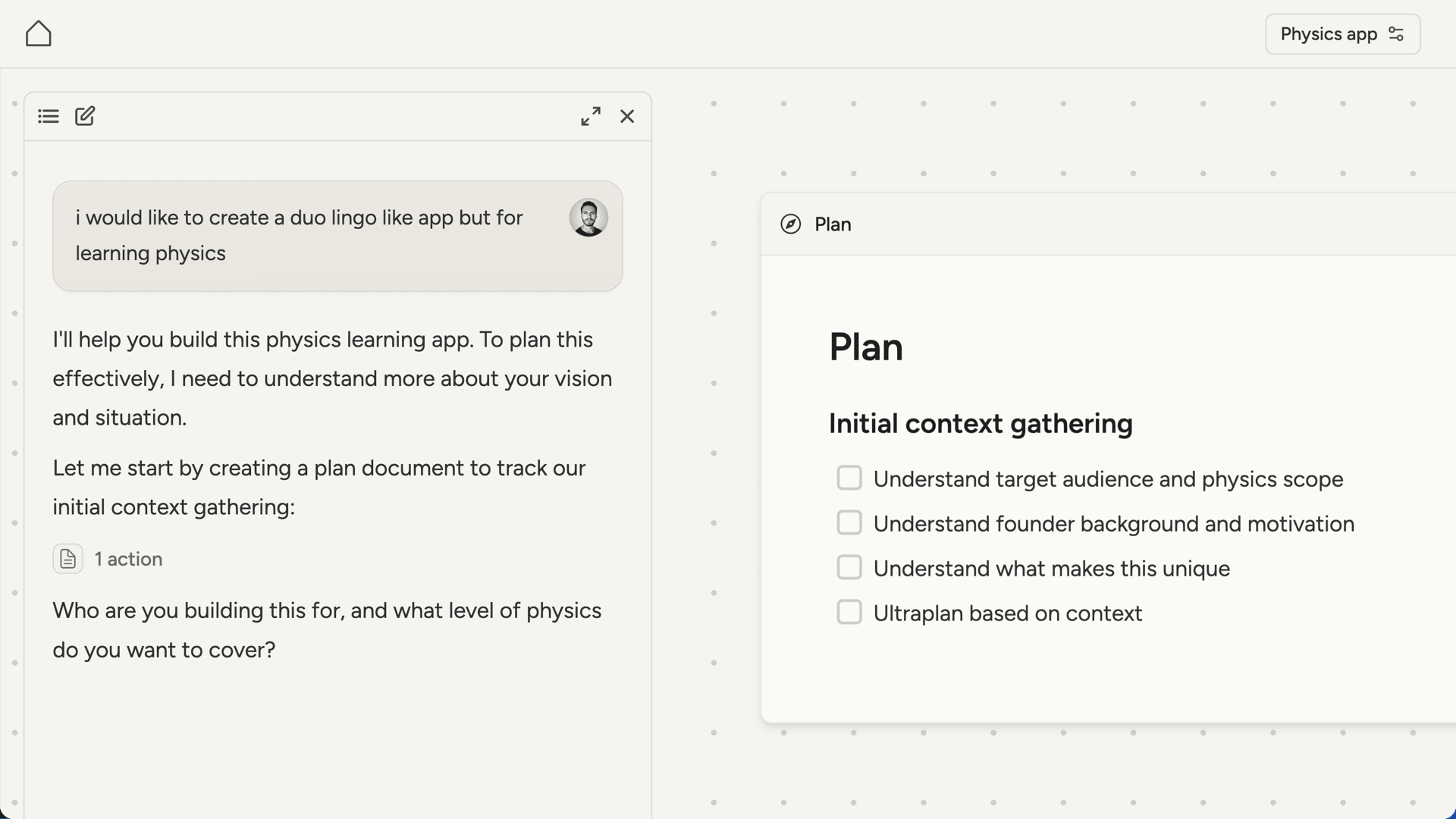 New project with plan document on canvas and AI asking the first question
