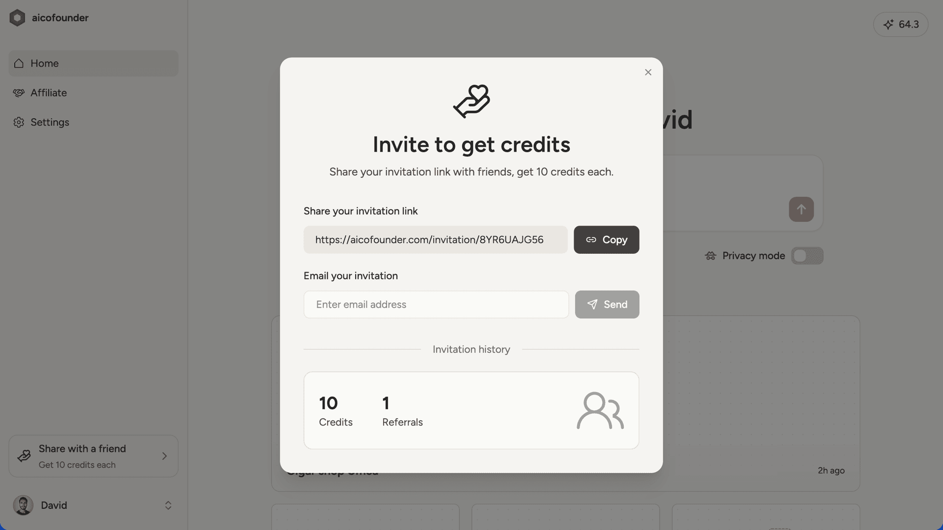 Referral panel showing invite link and referral stats