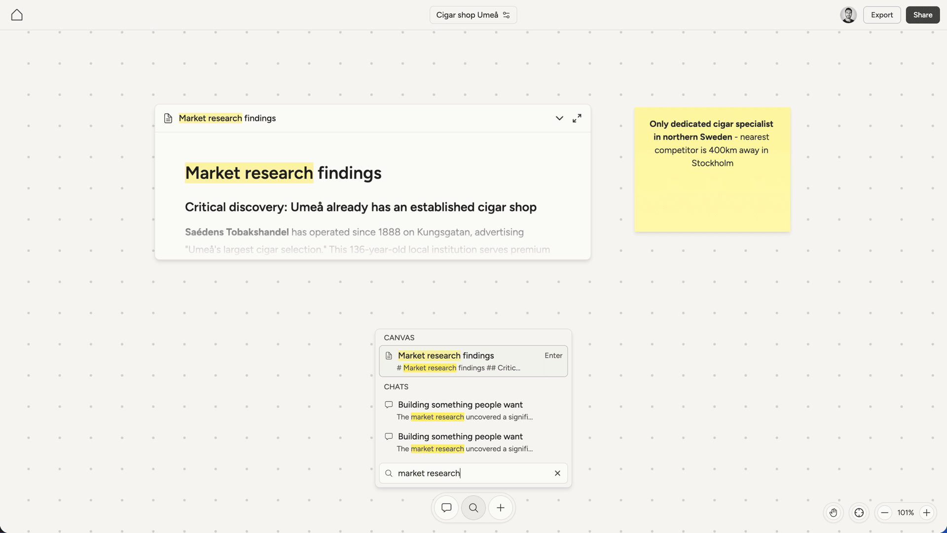 Search modal showing results across documents and chats