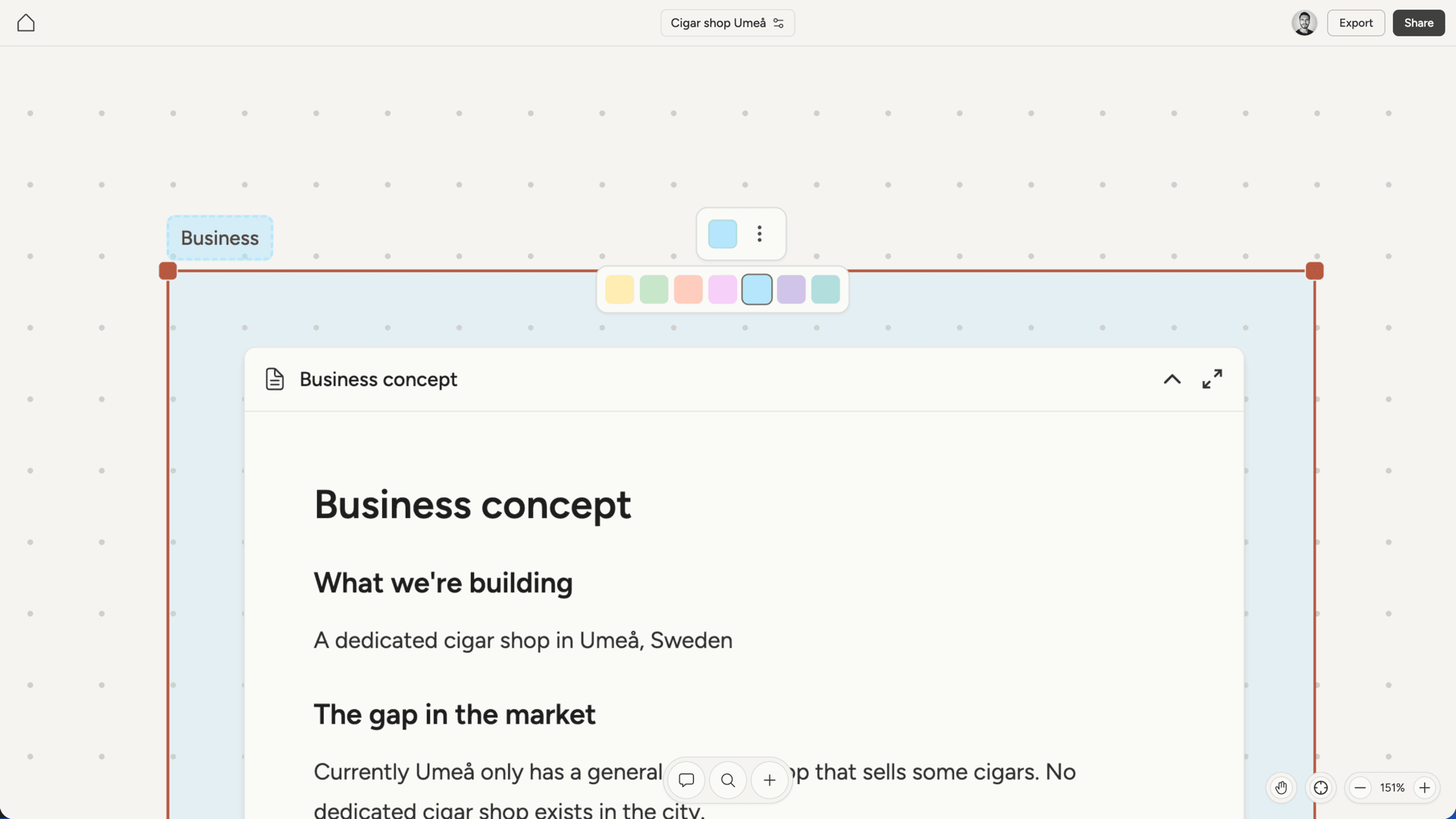 Section selected with color picker in toolbar