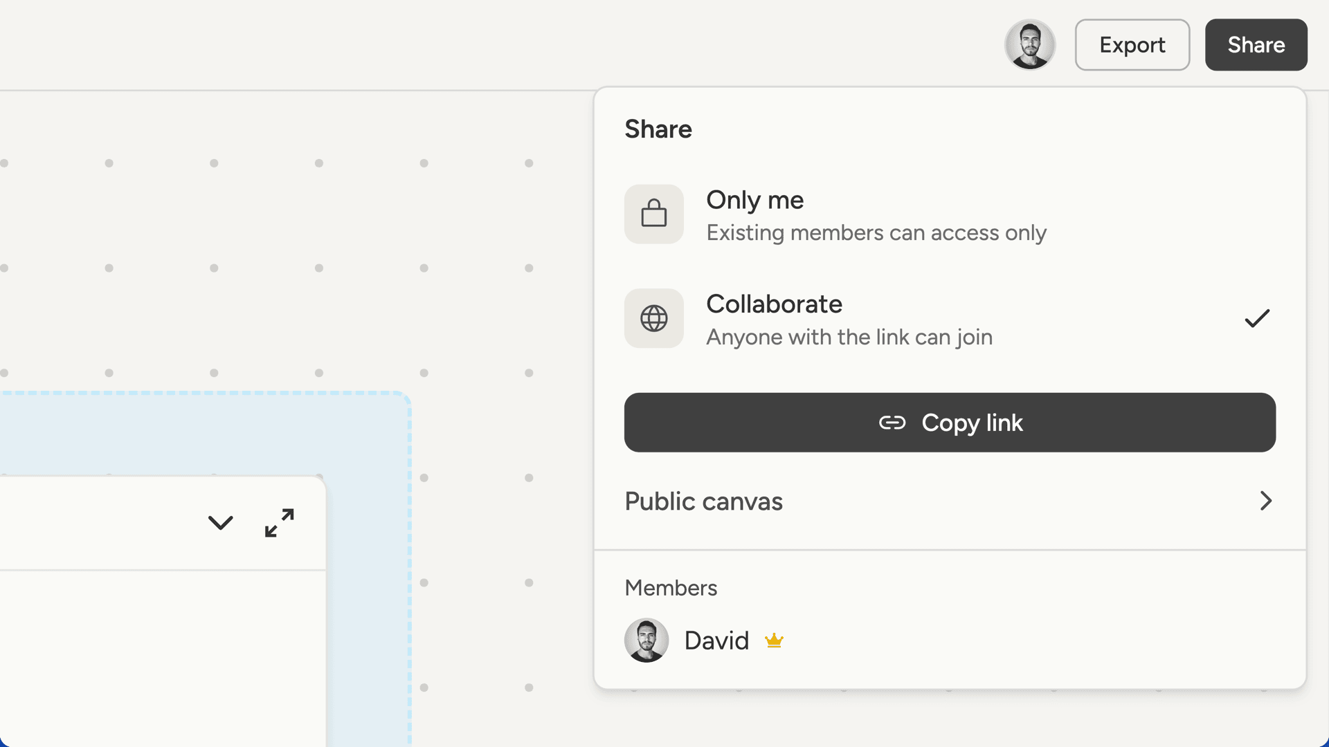 Share panel showing invite link and member list