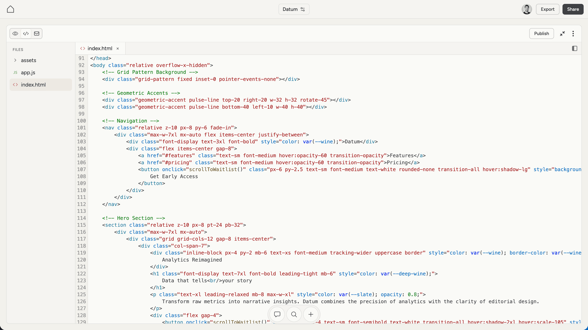 Website builder showing the file tree and code editor
