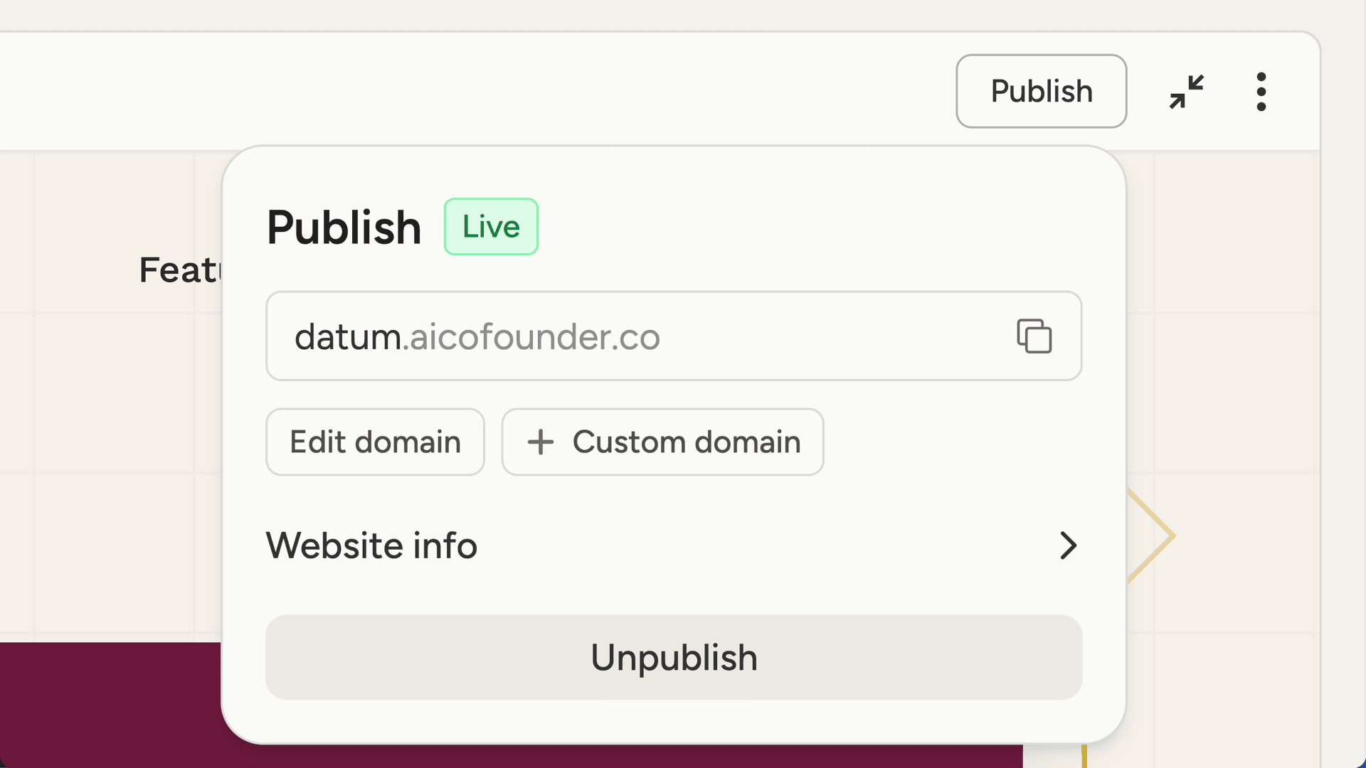 Publish panel showing subdomain and live status
