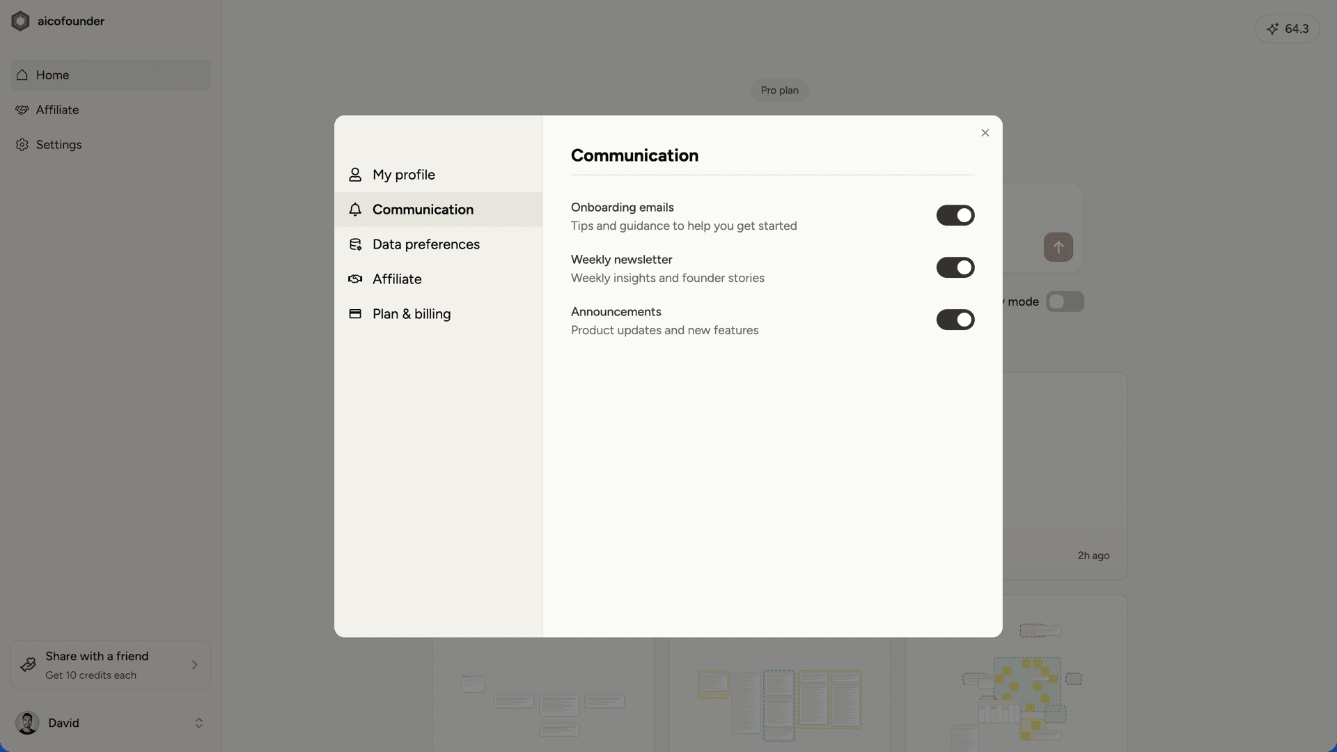 Communication tab showing email preference toggles