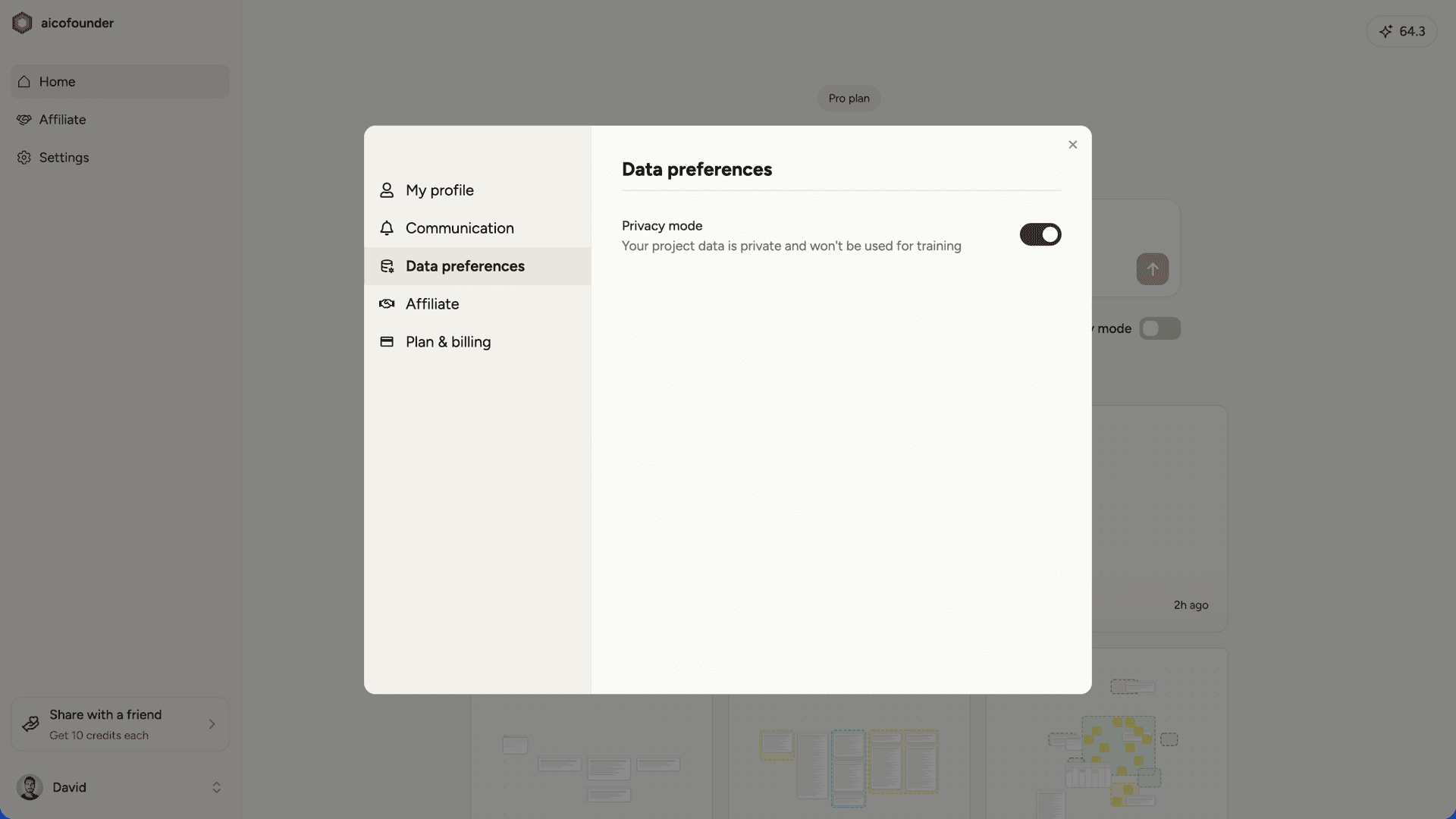 Settings data preferences with privacy mode toggle