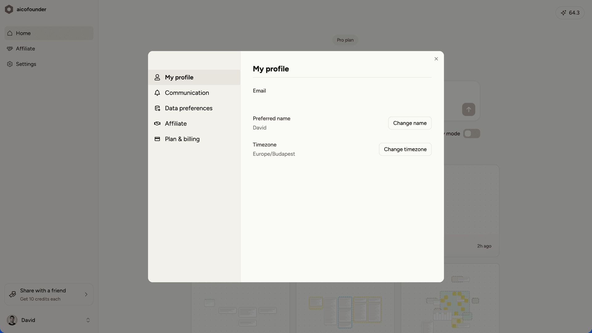 Settings profile tab with email, name, and timezone fields