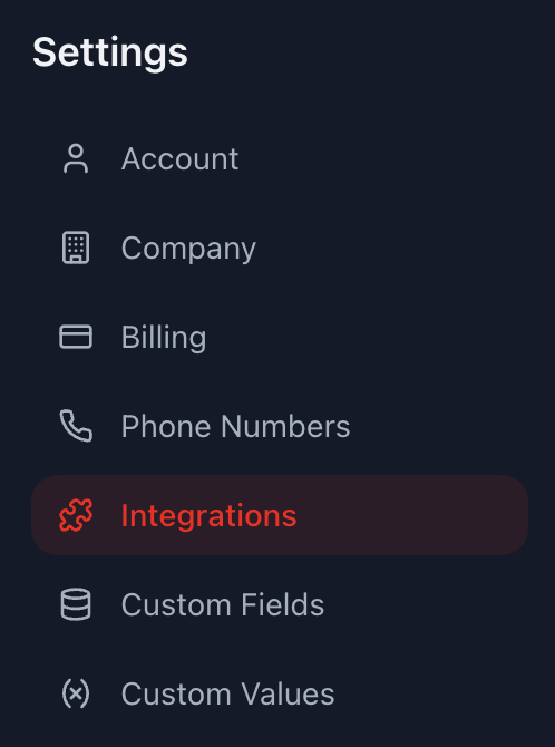 Integrations menu