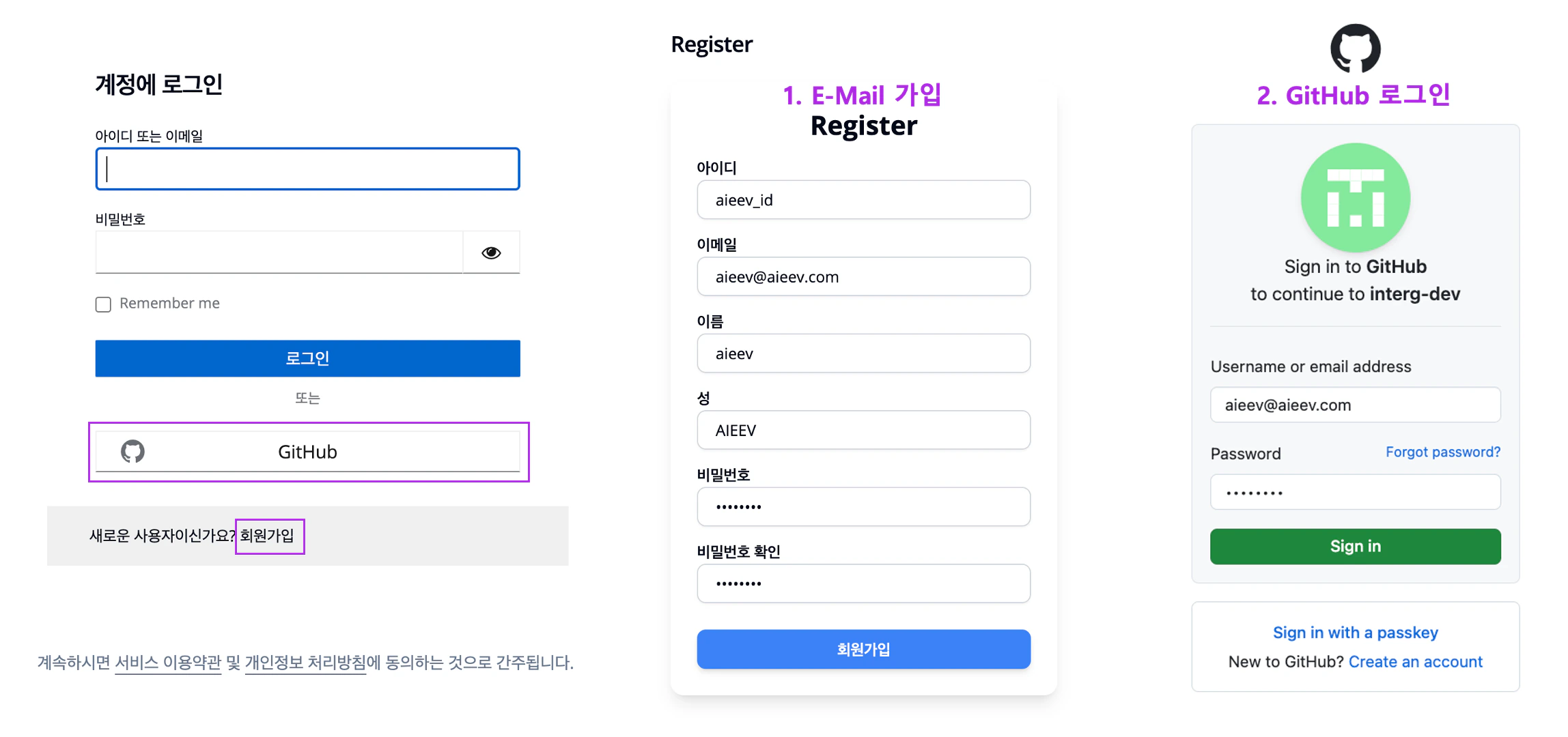 Sign-up and login details