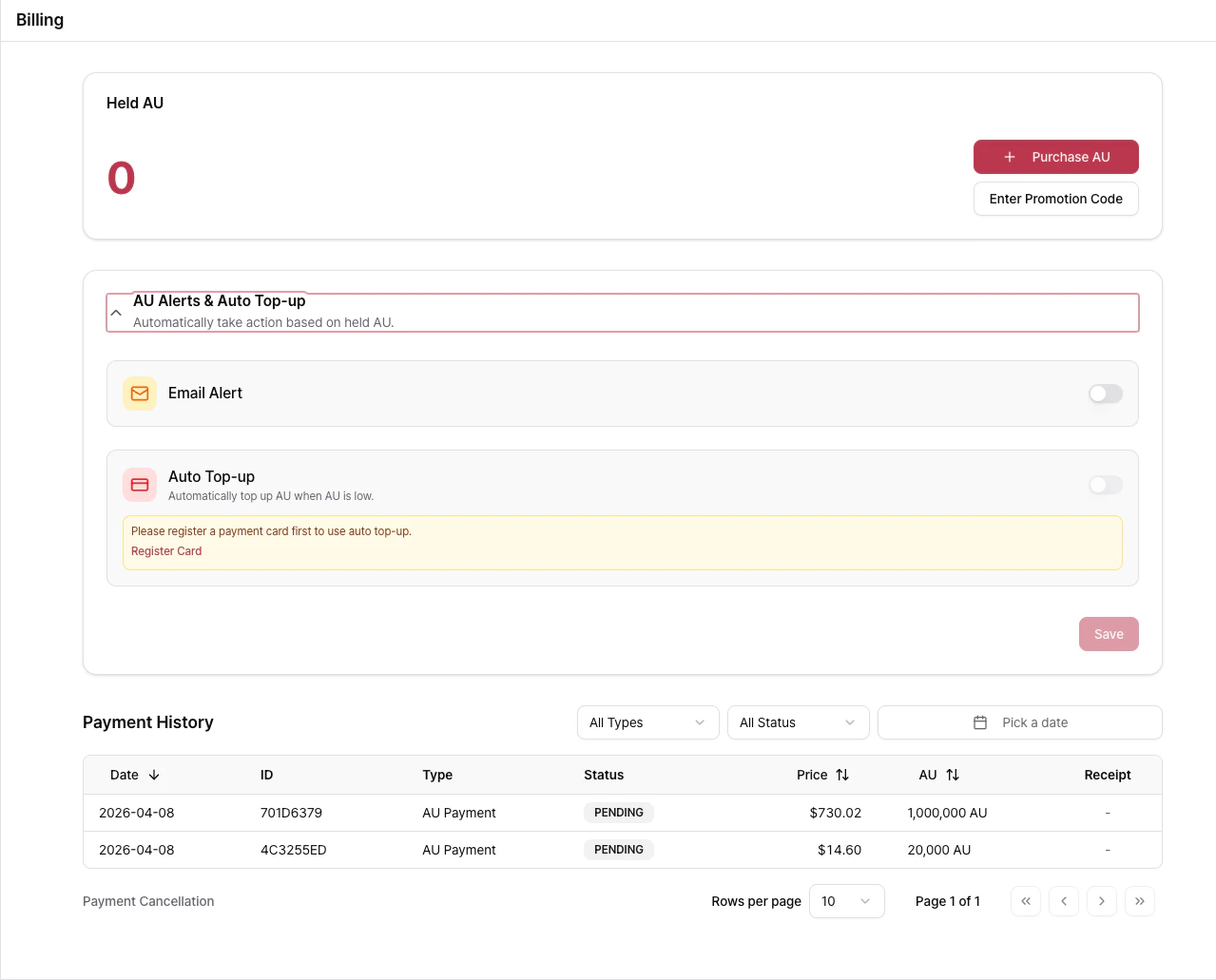 Credits and billing screen