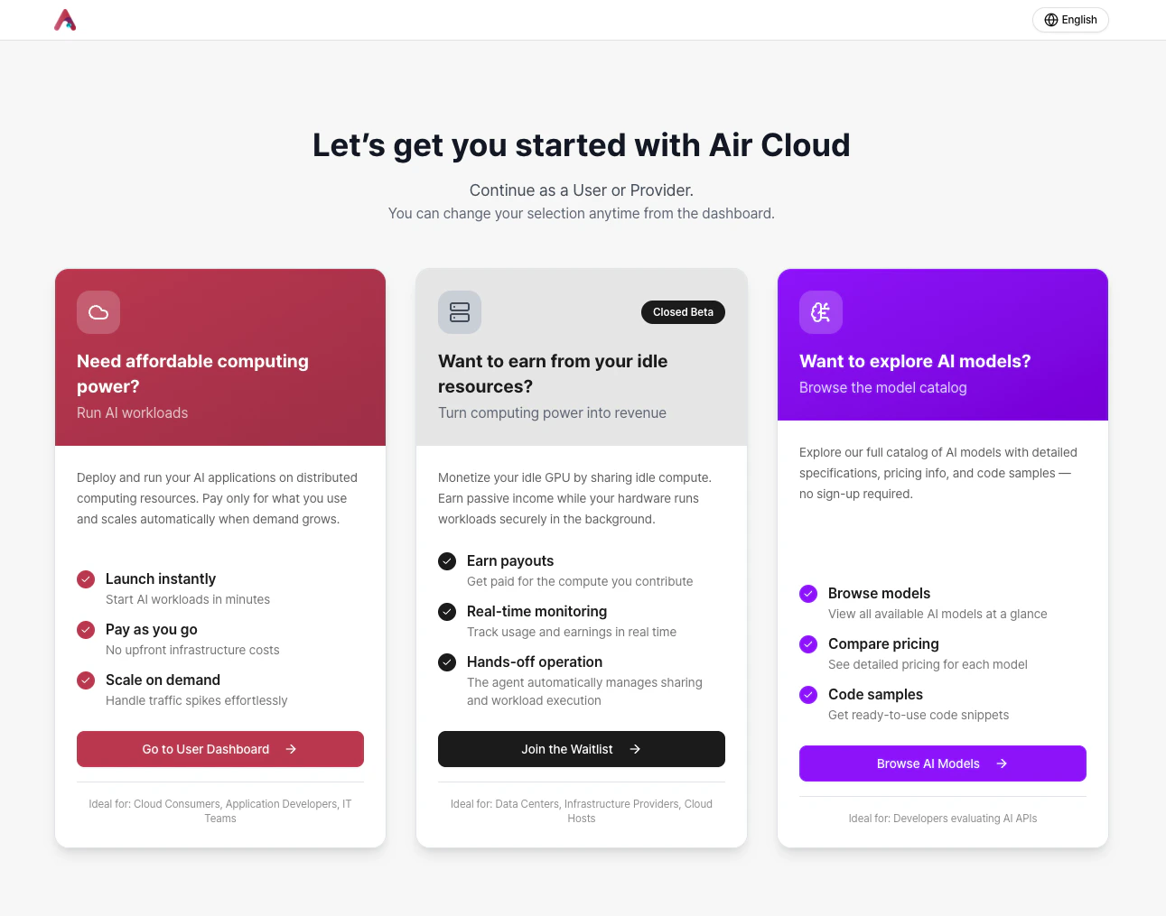Get Started and service selection