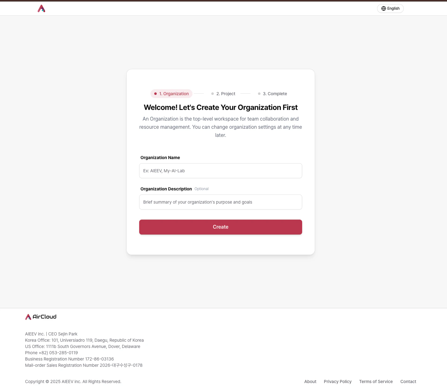 Onboarding - Create organization