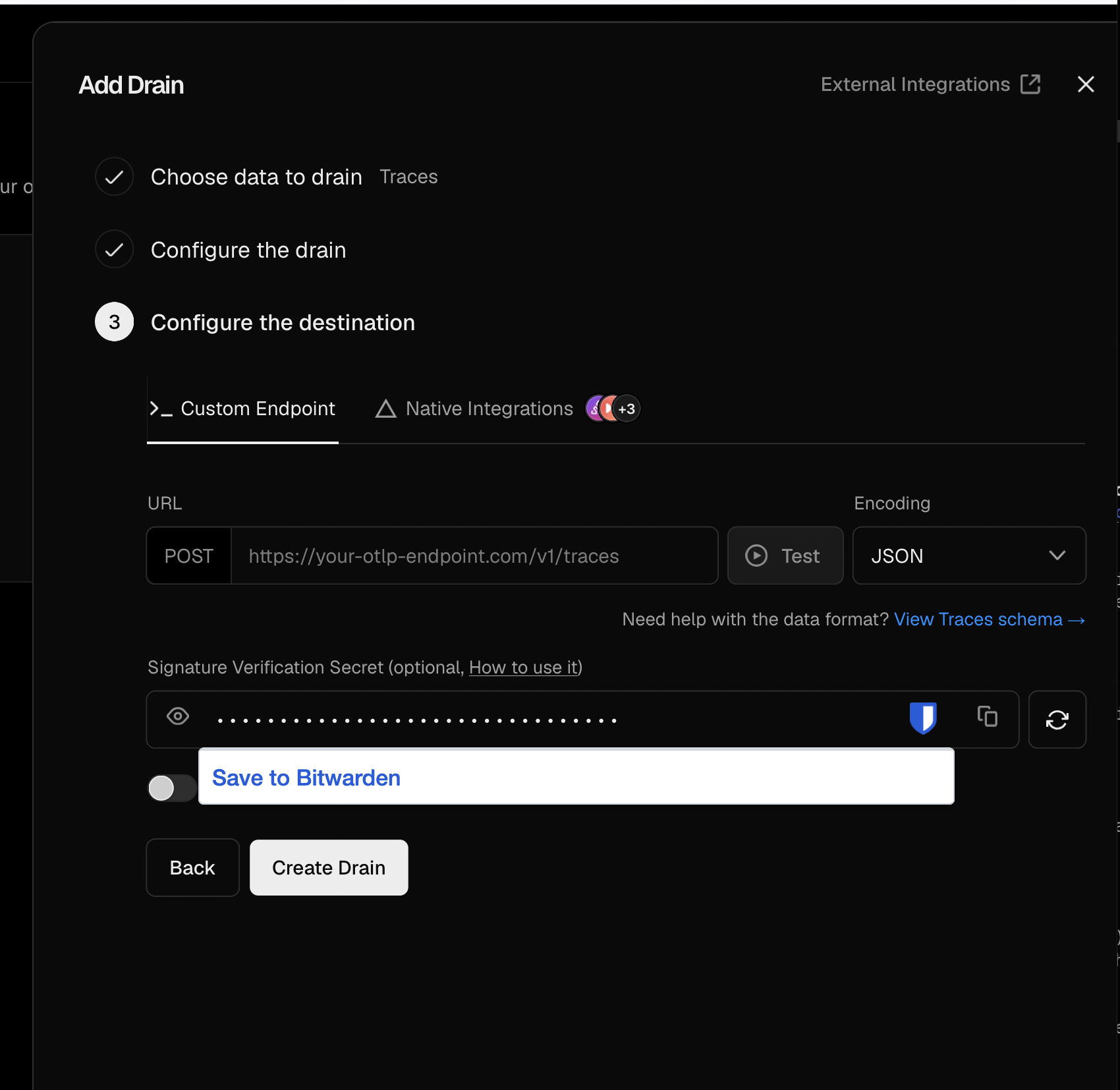 Vercel Add Drain dialog at step three, Configure the destination, with the Custom Endpoint tab selected showing a POST URL field, JSON encoding, a Test button, and a Signature Verification Secret field.