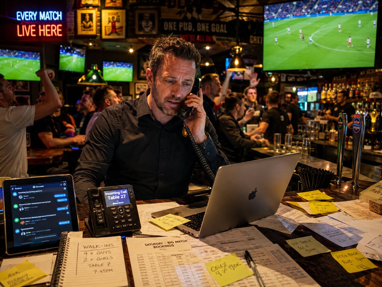 Sports bar owner on a phone call surrounded by sticky notes, a paper booking ledger, an iPad, and a laptop during a busy match night