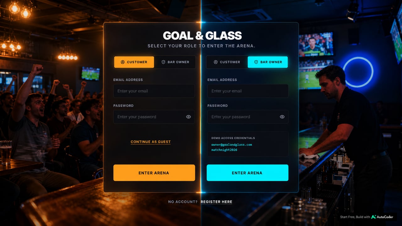 Goal & Glass role-select login screen with Customer and Bar Owner tabs side by side, email and password fields, and a Continue as Guest option