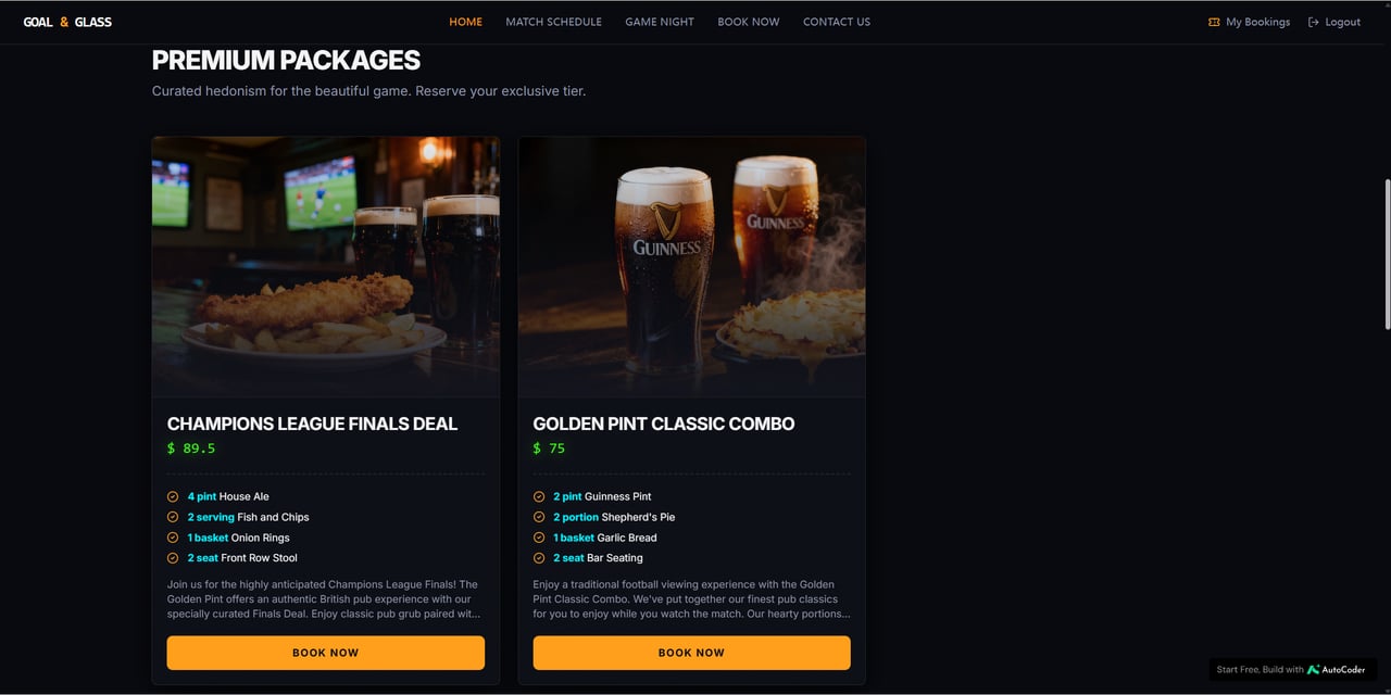 Goal & Glass Premium Packages screen with Champions League Finals Deal at 89.5 and Golden Pint Classic Combo at 75, each listing pints, food portions, and seat type with Book Now buttons