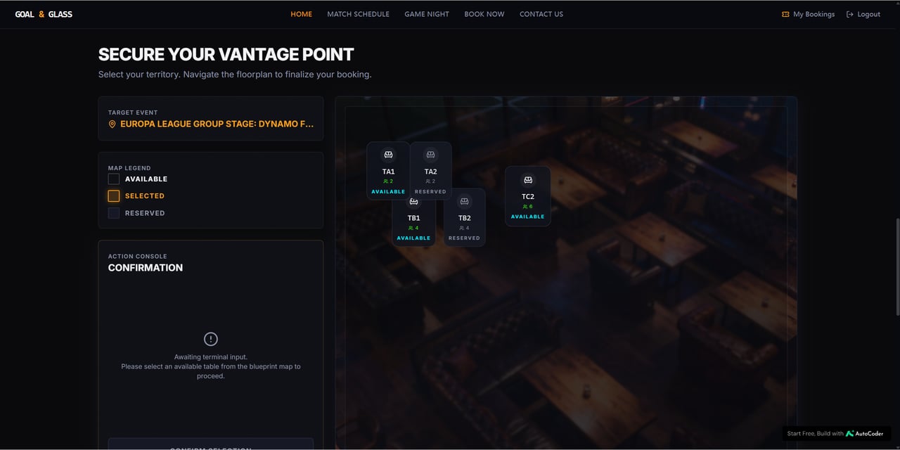 Goal & Glass Secure Your Vantage Point screen with a target event panel, map legend for Available, Selected, and Reserved tables, and an interactive blueprint of bar seating