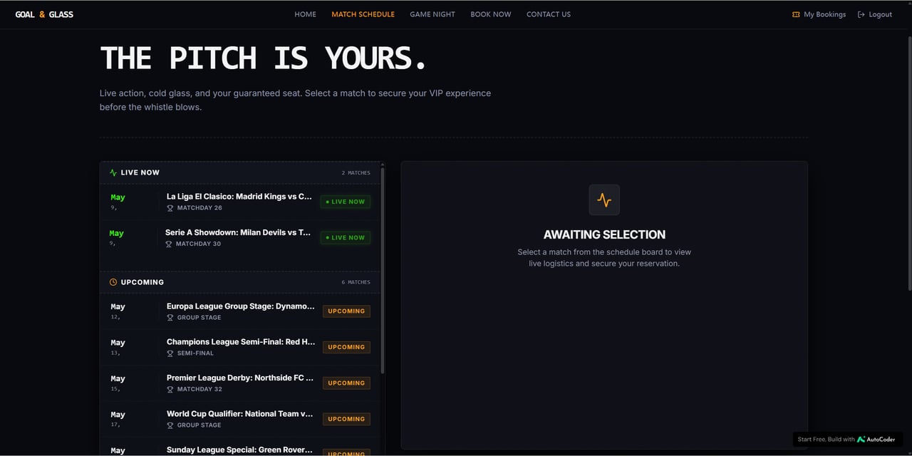 Goal & Glass The Pitch Is Yours match schedule screen with Live Now and Upcoming match lists including La Liga El Clasico, Serie A, Europa League, Champions League Semi-Final, and Premier League Derby