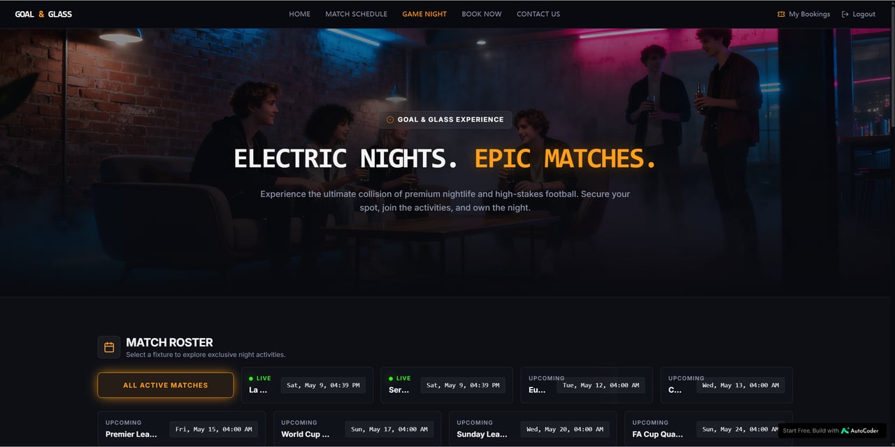 Goal & Glass Game Night page with Electric Nights Epic Matches hero headline and a match roster showing live and upcoming Premier League, World Cup, Sunday League, and FA Cup fixtures