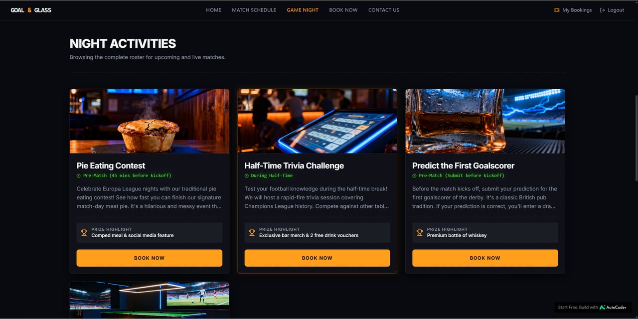 Goal & Glass Night Activities screen with Pie Eating Contest, Half-Time Trivia Challenge, and Predict the First Goalscorer cards, each showing timing, description, prize highlight, and a Book Now button
