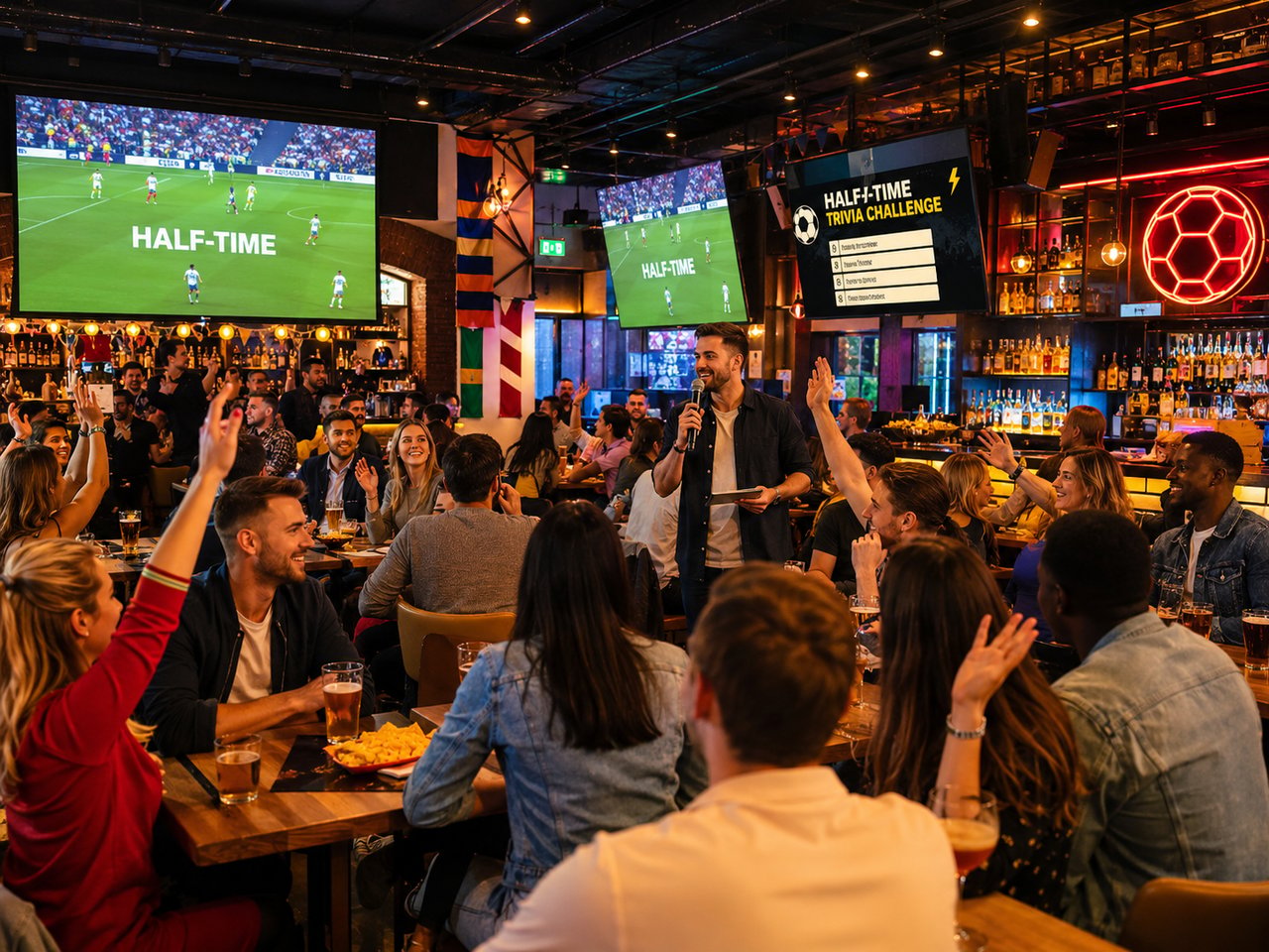Half-time scene inside a busy sports bar with raised hands, a host holding a microphone, multiple match screens showing Half-Time, and a Half-Time Trivia Challenge leaderboard on the wall