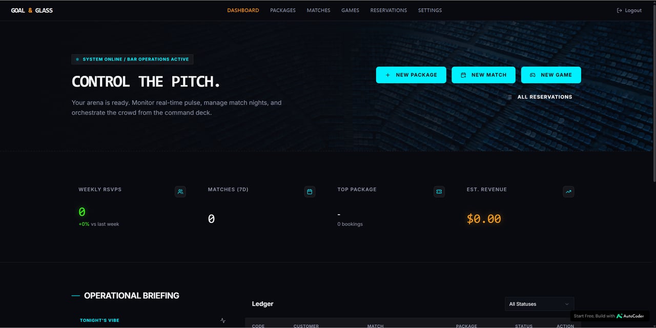 Goal & Glass owner Control the Pitch dashboard with stat cards for Weekly RSVPs, Matches in last 7 days, Top Package, and Est Revenue, plus New Package, New Match, New Game buttons and an operational briefing ledger