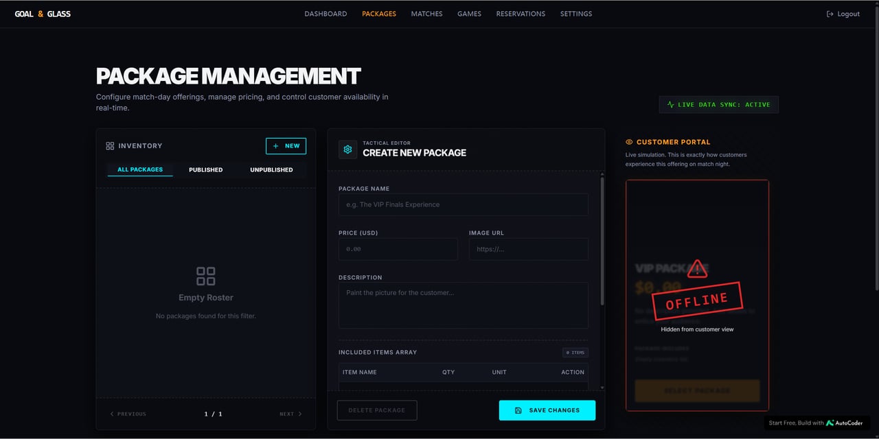 Goal & Glass owner Package Management screen with an inventory panel, a Create New Package form including name, price, image URL, description, and included items array, and a live customer-portal preview on the right