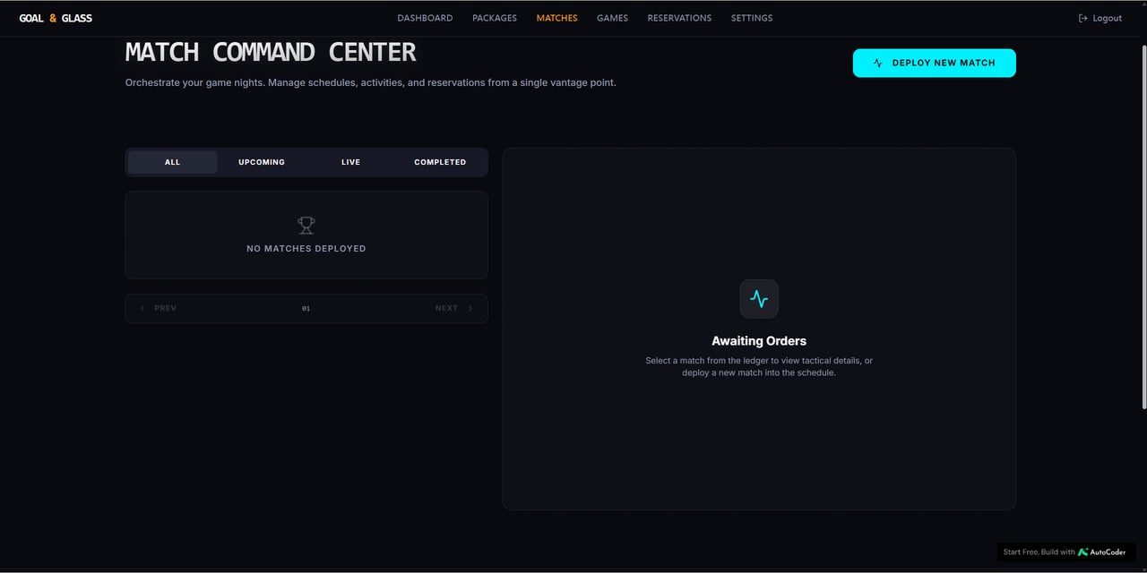 Goal & Glass owner Match Command Center screen with All, Upcoming, Live, and Completed filter tabs, a No Matches Deployed empty state, and a Deploy New Match button