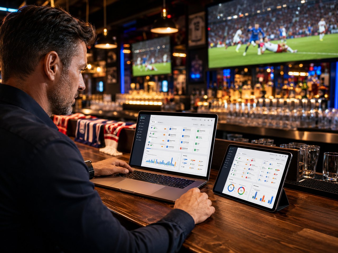 Bar owner working at the counter with a laptop and a tablet open side by side, both showing colorful Goal & Glass admin dashboards, with football matches playing on screens in the background