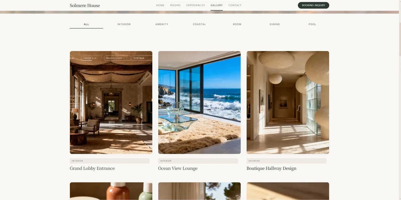 Solmere House gallery page showing styled interior, ocean view lounge, and boutique hallway photos