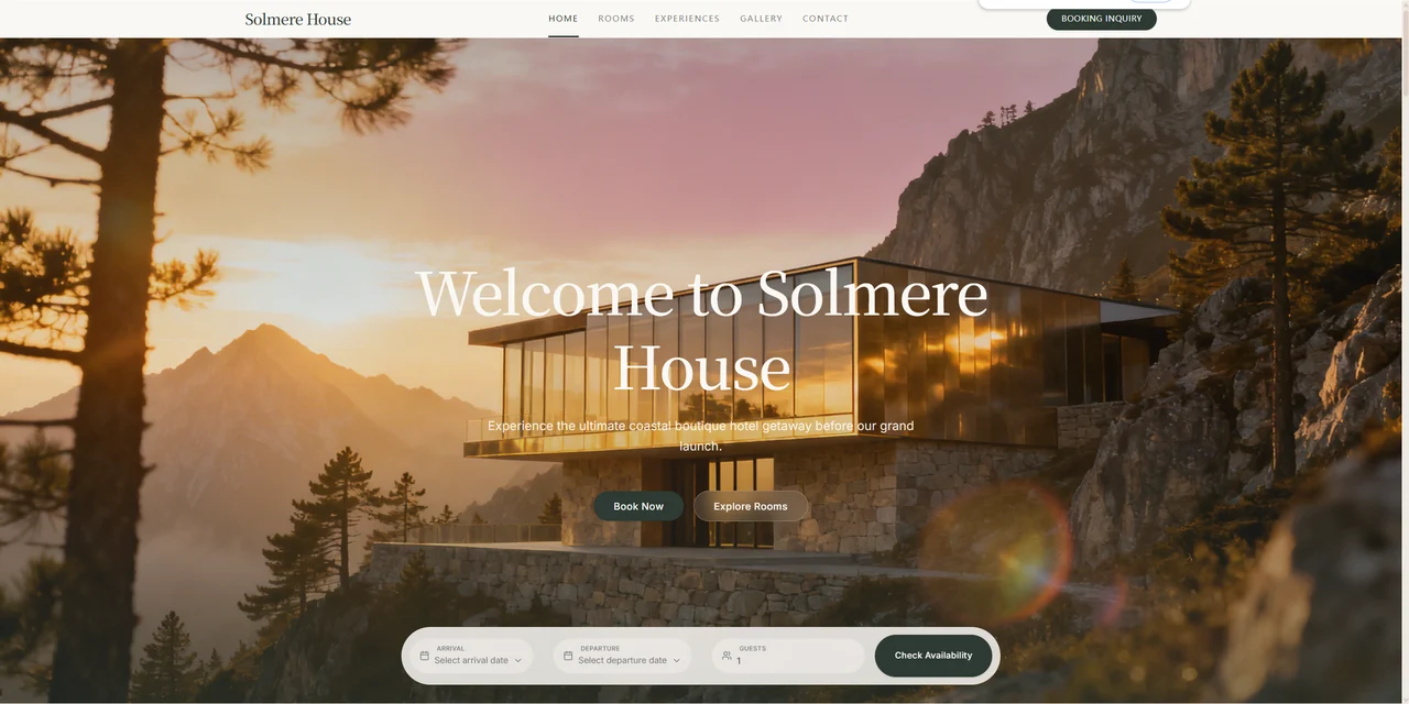 Solmere House homepage hero with a coastal sunset, Book Now and Explore Rooms buttons, and an availability checker