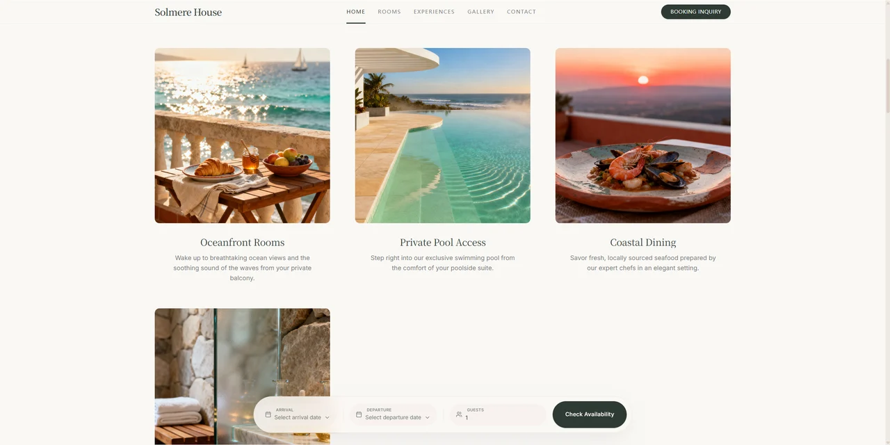 Solmere House feature cards for Oceanfront Rooms, Private Pool Access, and Coastal Dining