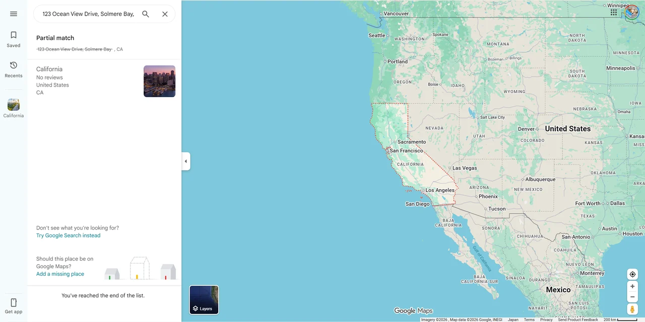 Map search result for Solmere Bay showing a partial match with no reviews yet