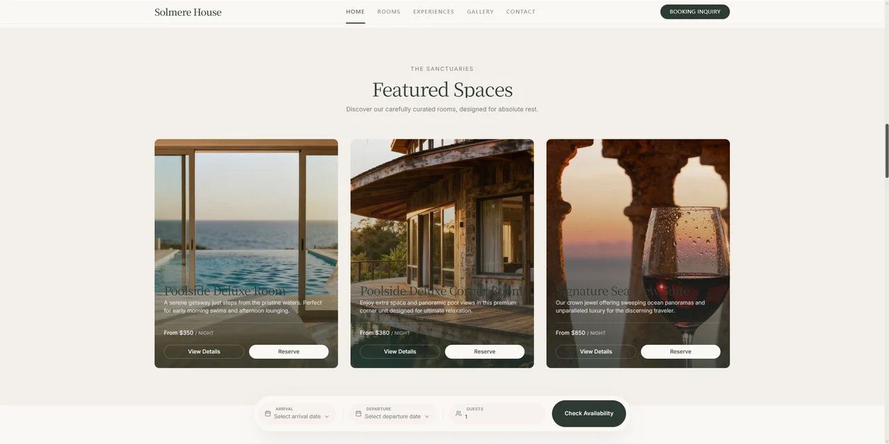 Solmere House Featured Spaces section with room cards showing names, prices, and Reserve buttons
