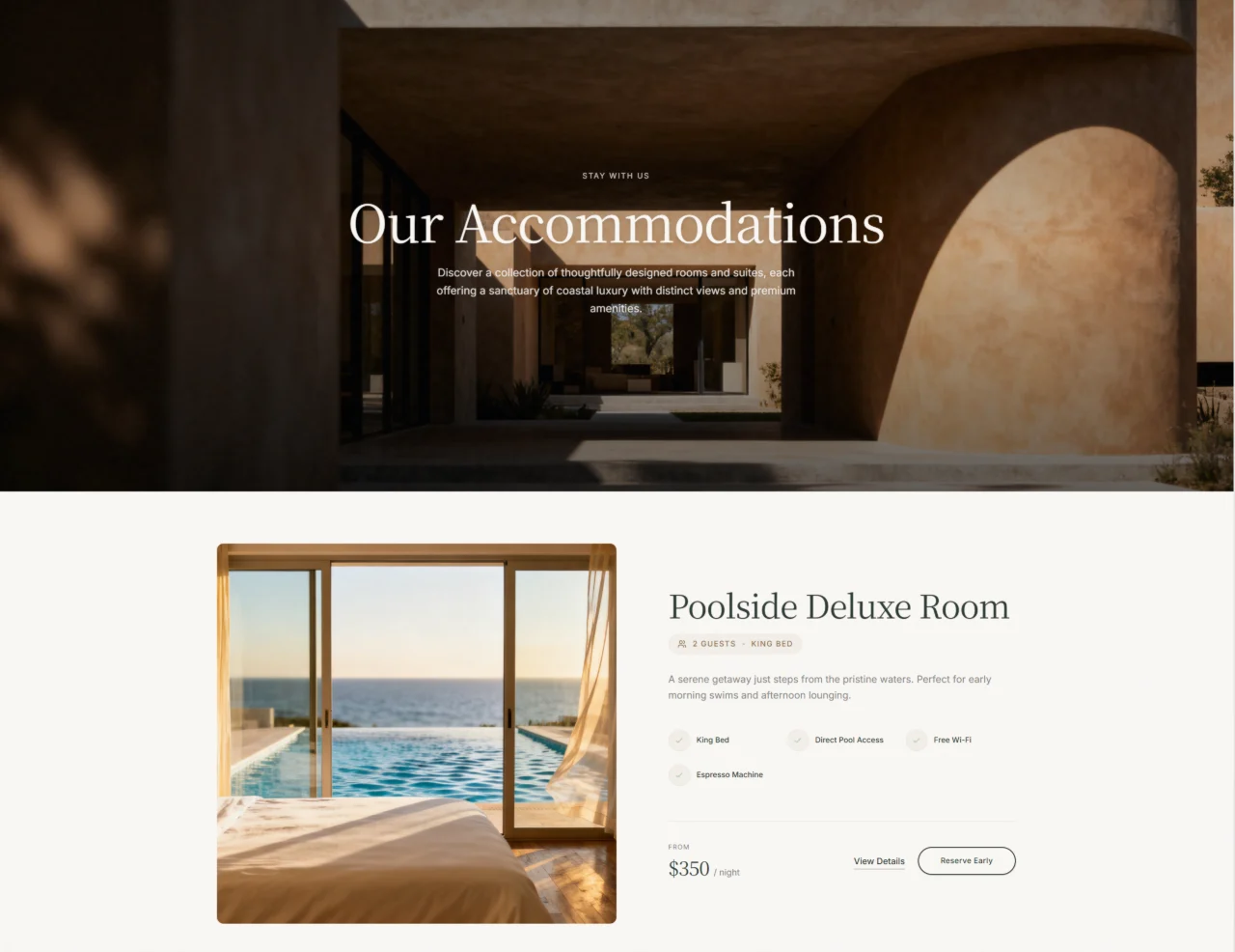 Our Accommodations page showing the Poolside Deluxe Room with king bed, pool access, Wi-Fi, and $350 per night pricing