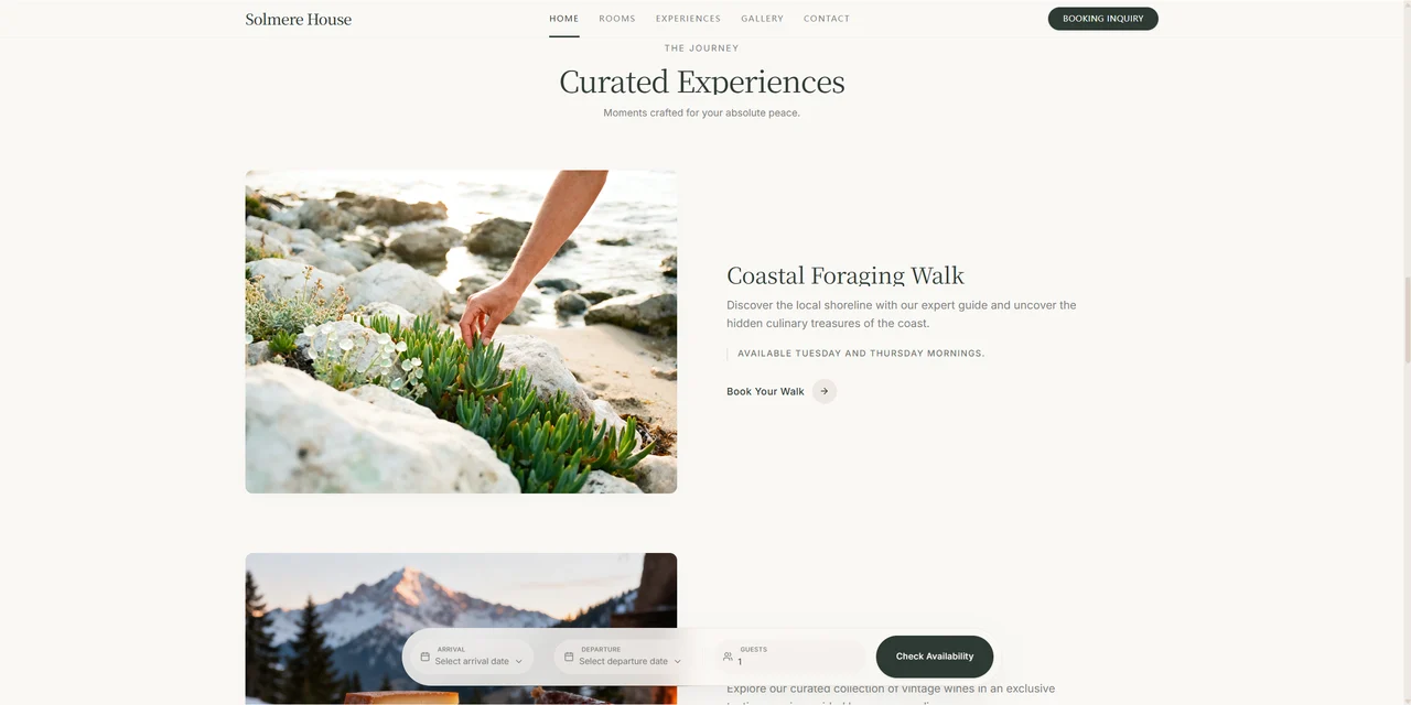 Solmere House Curated Experiences section featuring a Coastal Foraging Walk available Tuesday and Thursday mornings